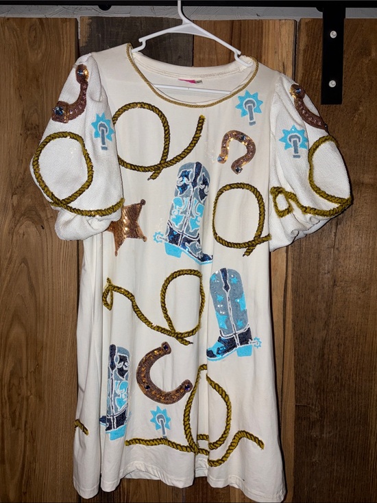 QUEEN OF SPARKLES Dresses & Skirts - Queen of Sparkles Cream/White Western Boot & Rope Graphic Dress Size Large